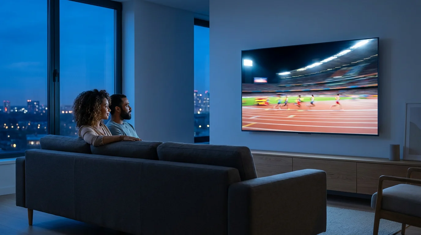 A couple watches a track and field event on TV in their living room.