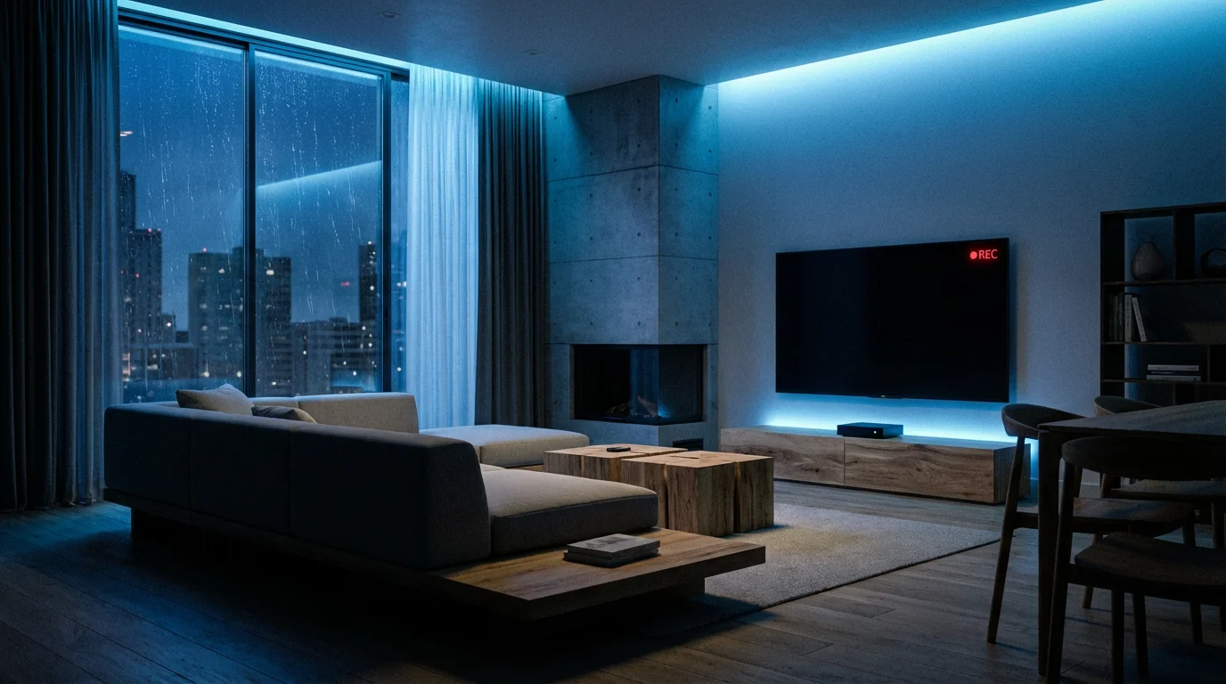 A dark, modern living room with a subtle red recording light visible on a media player.