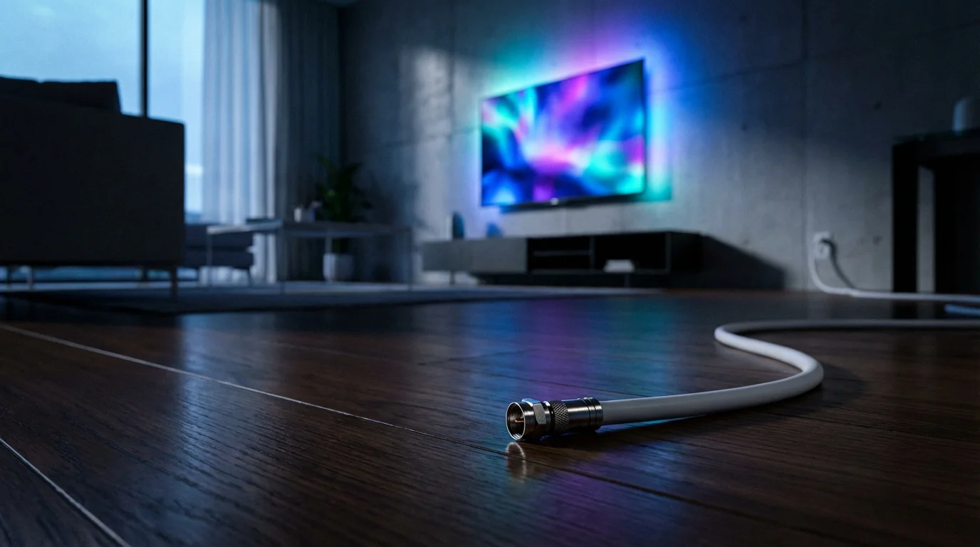 A disconnected coaxial cable on a hardwood floor with a glowing television behind it.