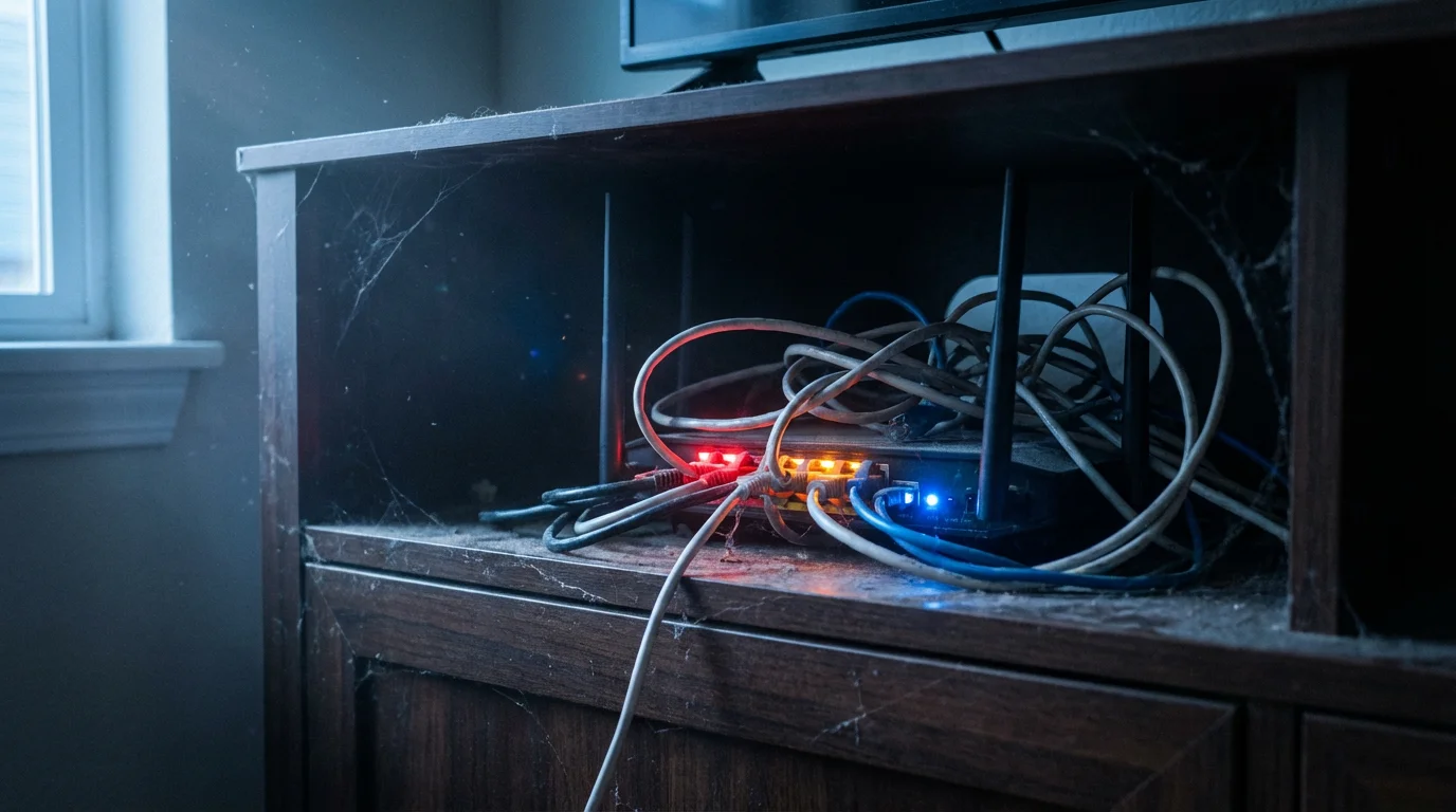 A dusty, overloaded Wi-Fi router with a chaotic tangle of ethernet cables at dusk.