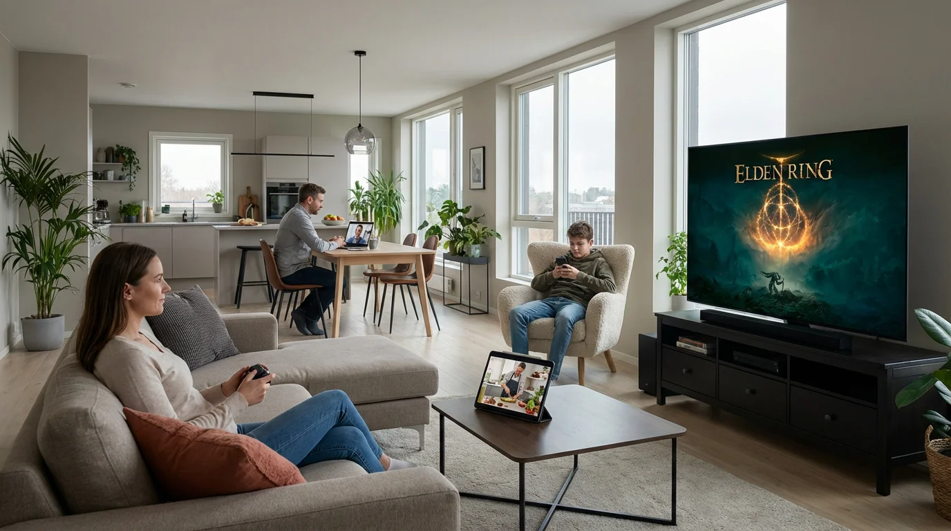 A family in a modern living room simultaneously using a TV, laptop, tablet, and phone.