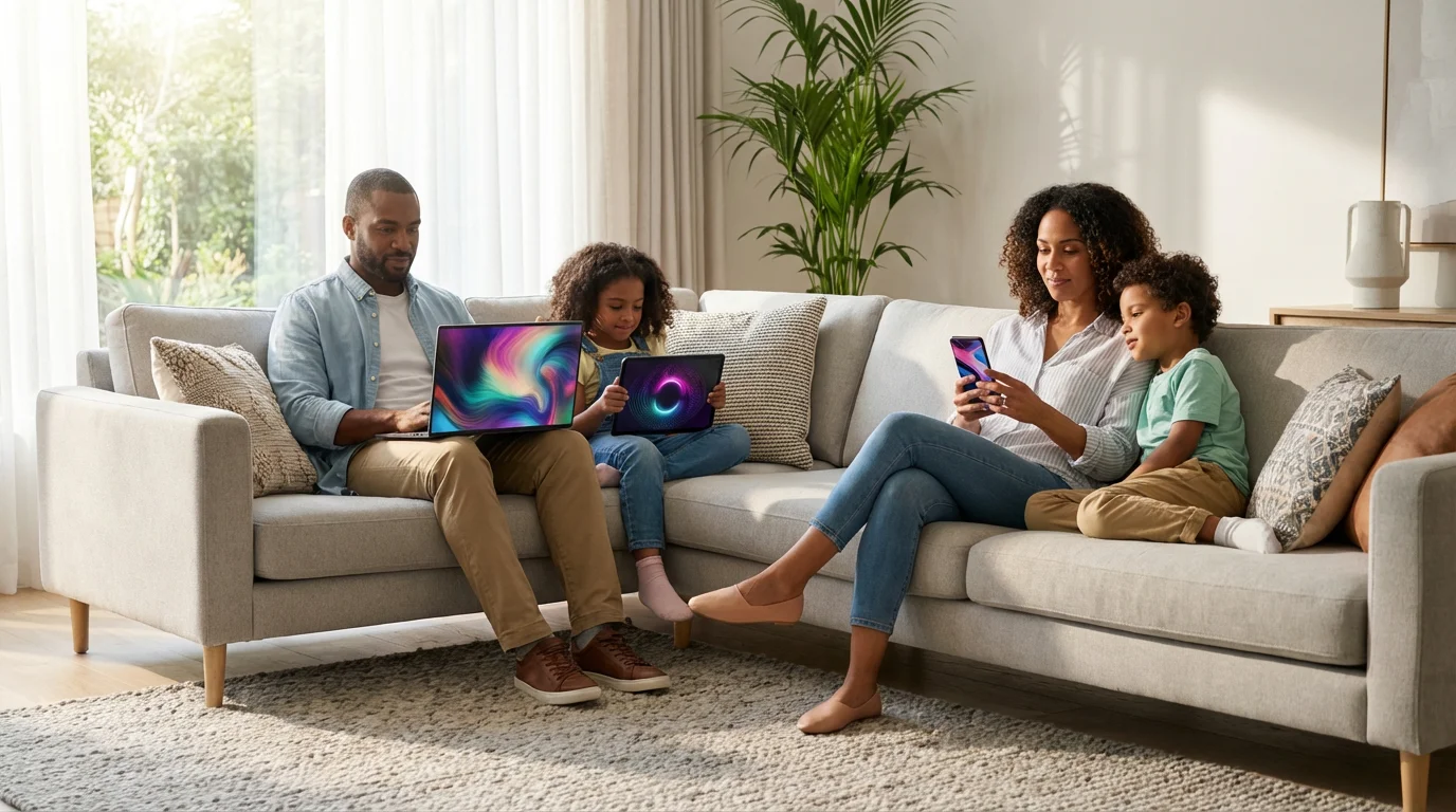 A family of four streams videos on separate devices in their modern living room.