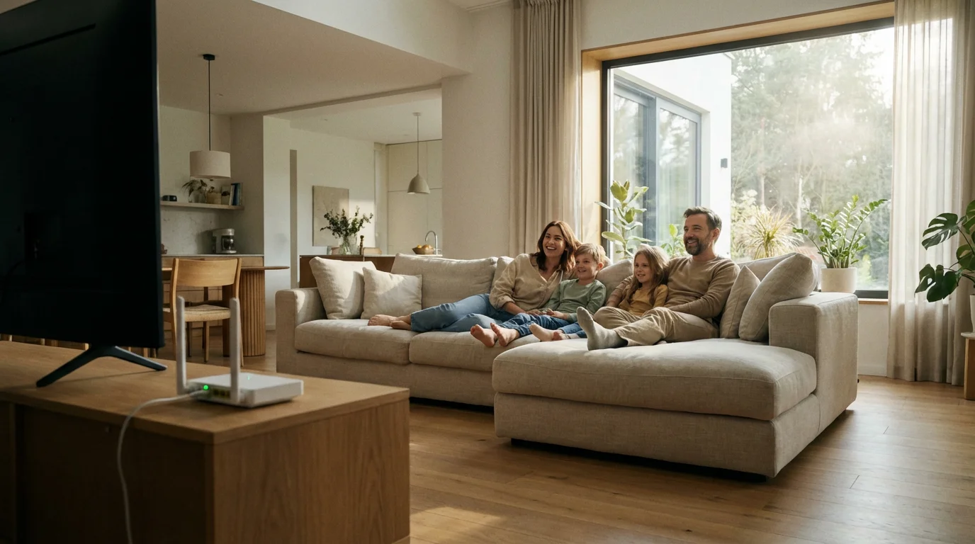 A family watching television in a bright living room with a Wi-Fi router nearby.