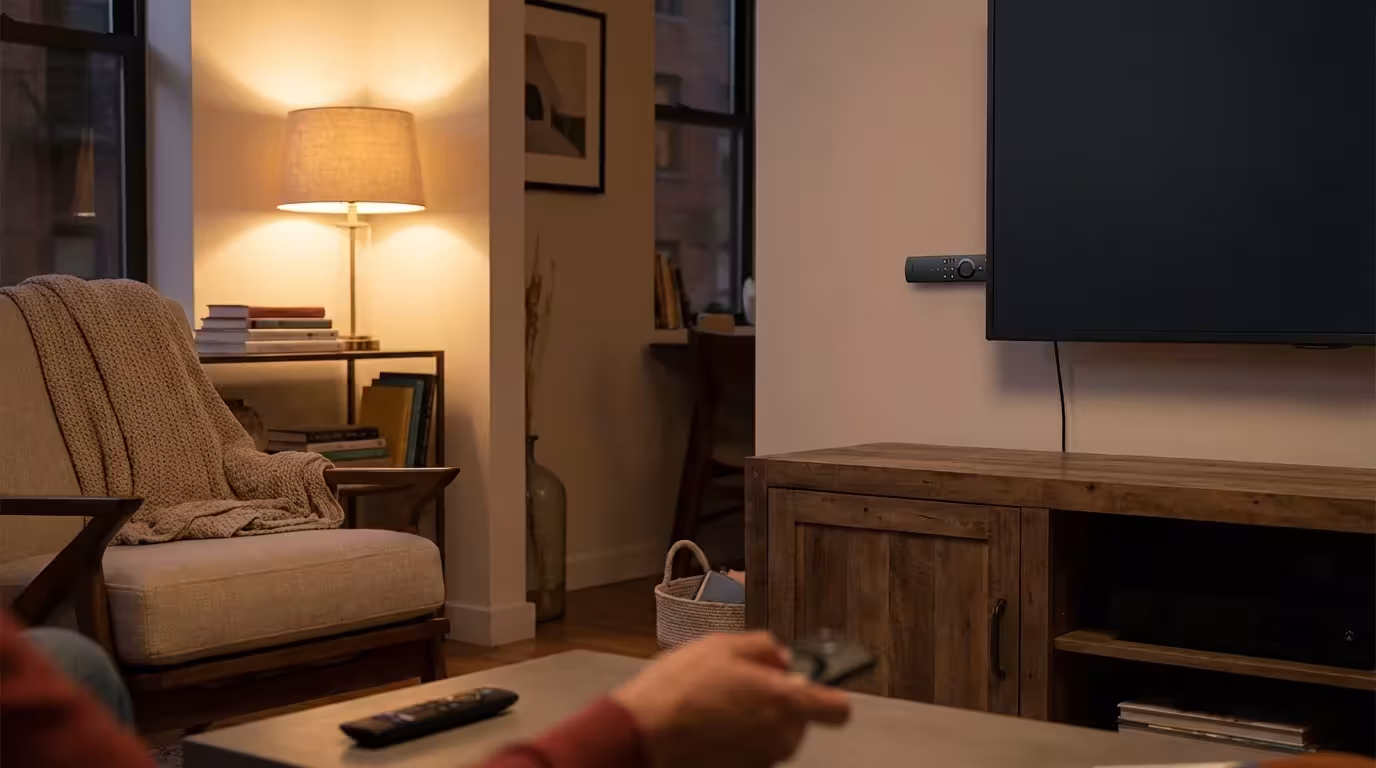 A Fire TV stick plugged into a television in a warm, cozy room.