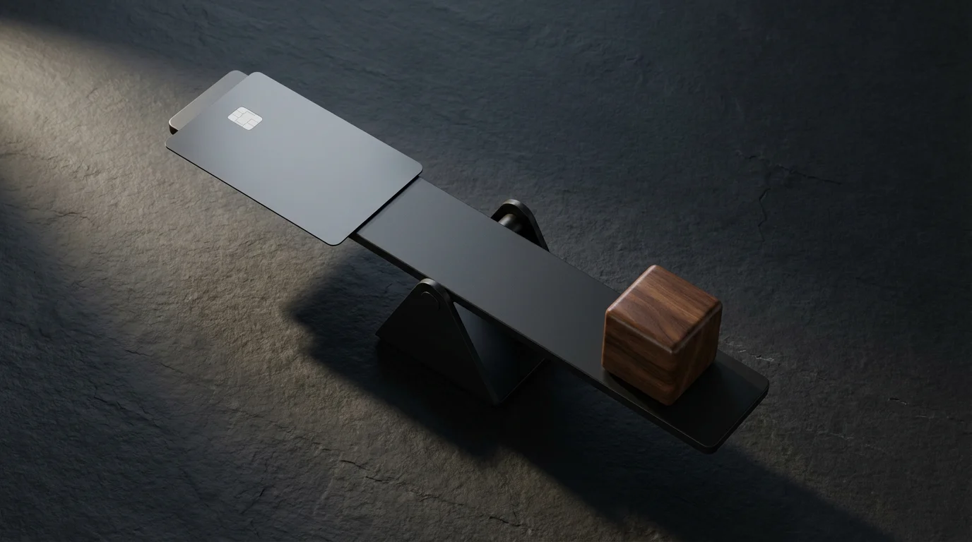 A flat lay of a balance scale weighing a generic credit card against a block.