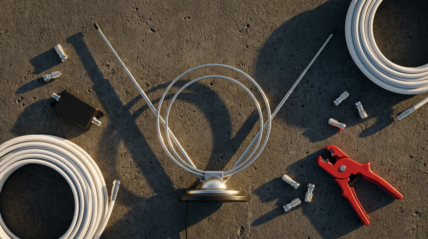 A flat lay of a rabbit ears TV antenna with installation tools and accessories.
