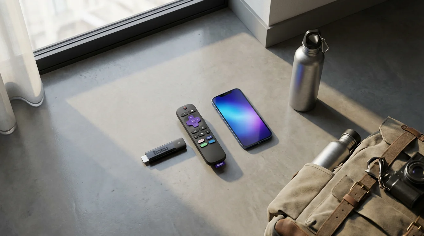 A flat lay of a Roku streaming stick, remote, and smartphone on a hotel floor.