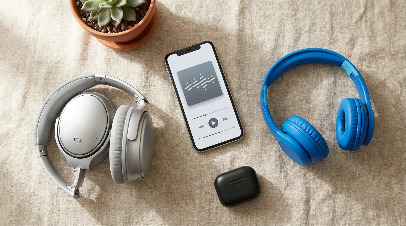 A flat lay of a smartphone and various headphones for a family music plan.