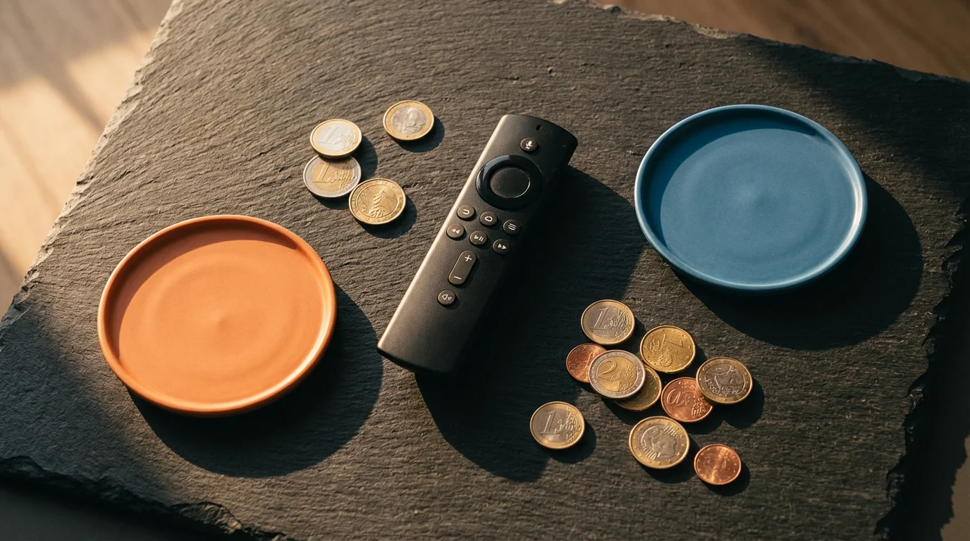 A flat lay of a TV remote between an orange and a blue coaster with coins.