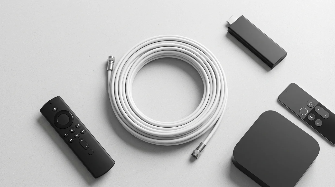 A flat lay of modern TV streaming devices and a disconnected cable representing cord-cutting.