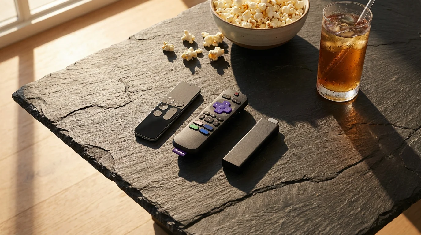 A flat lay of streaming device remotes, popcorn, and a drink on a table.