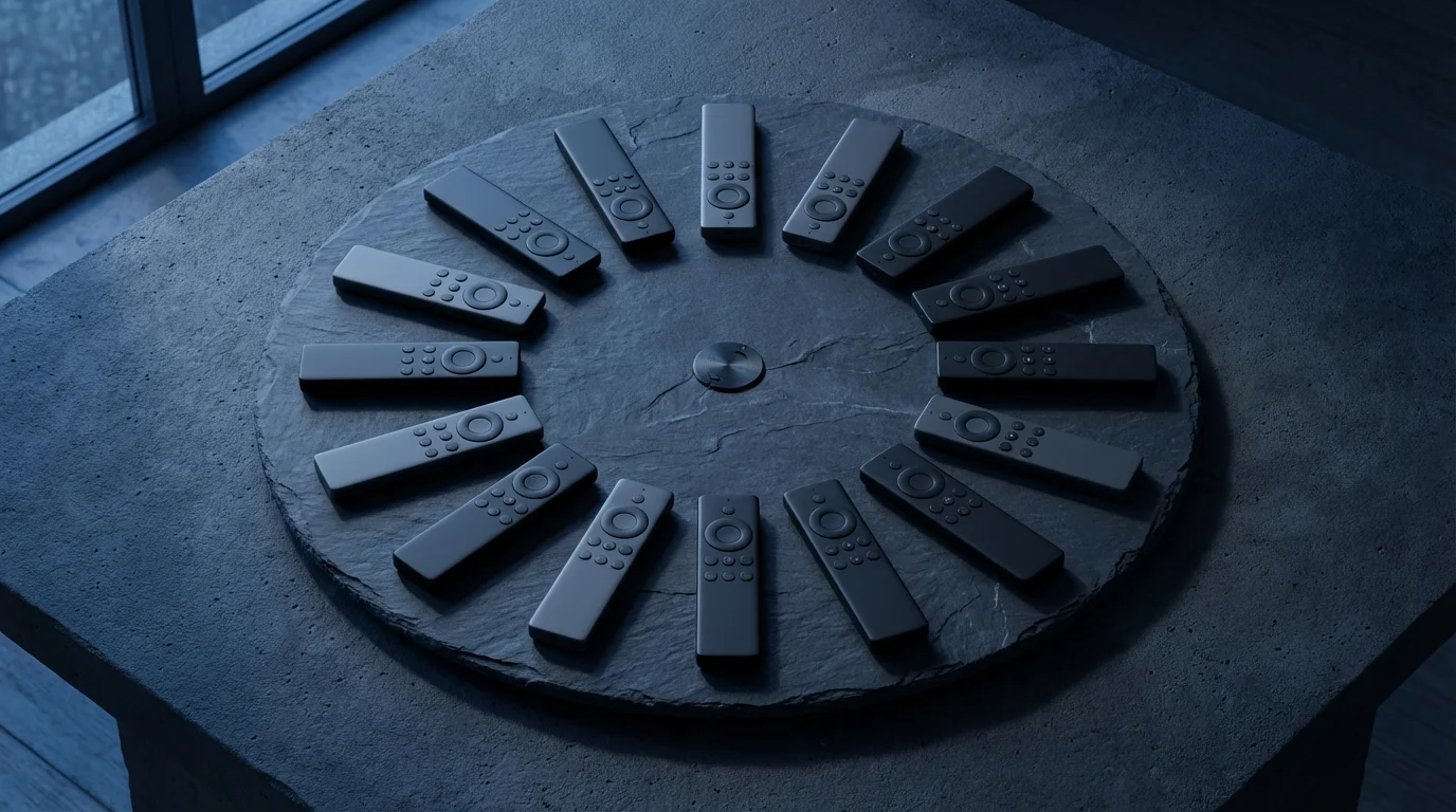 A flat lay of various modern remote controls arranged in a circle on a turntable.