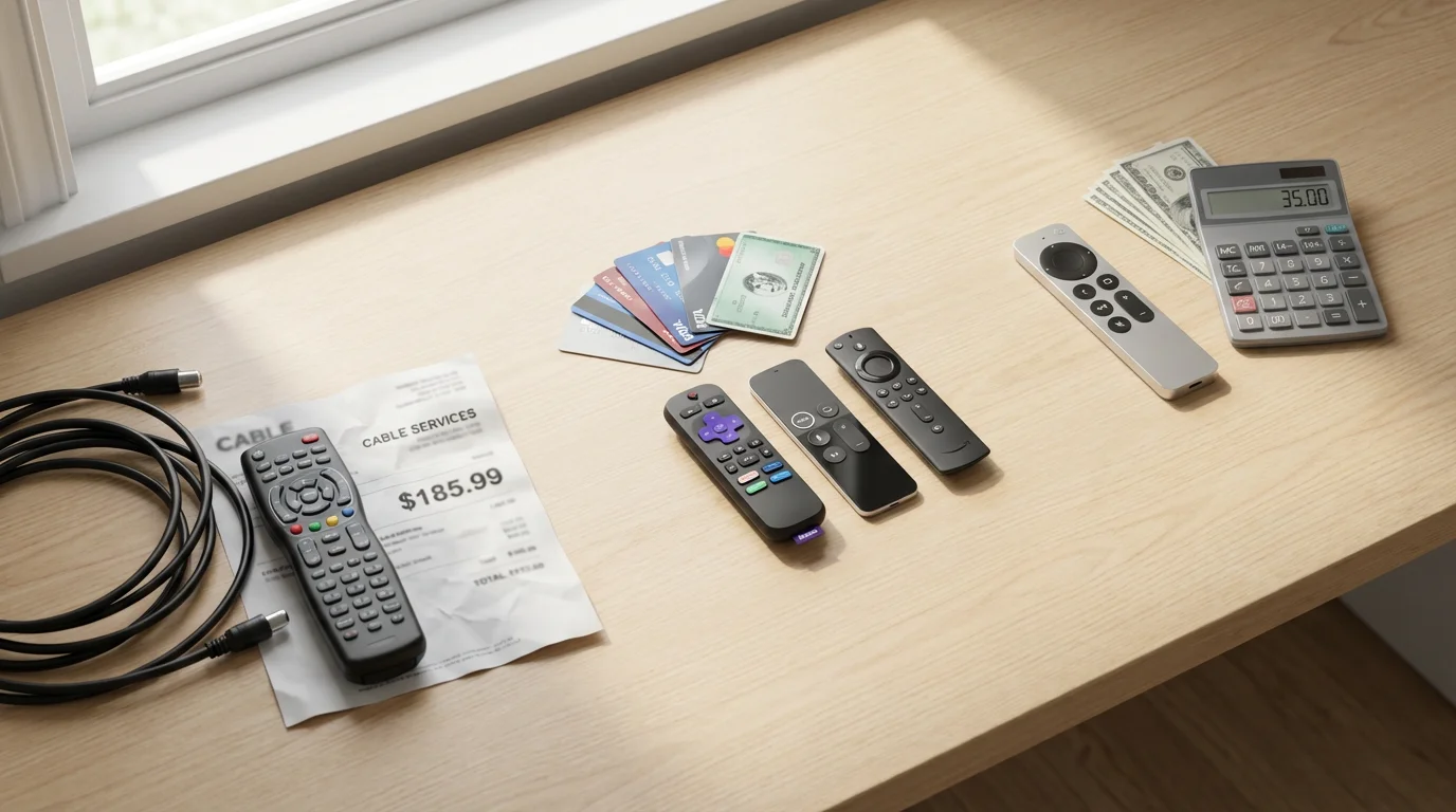 A flat lay photograph comparing the cost of cable, bloated streaming, and smart streaming.
