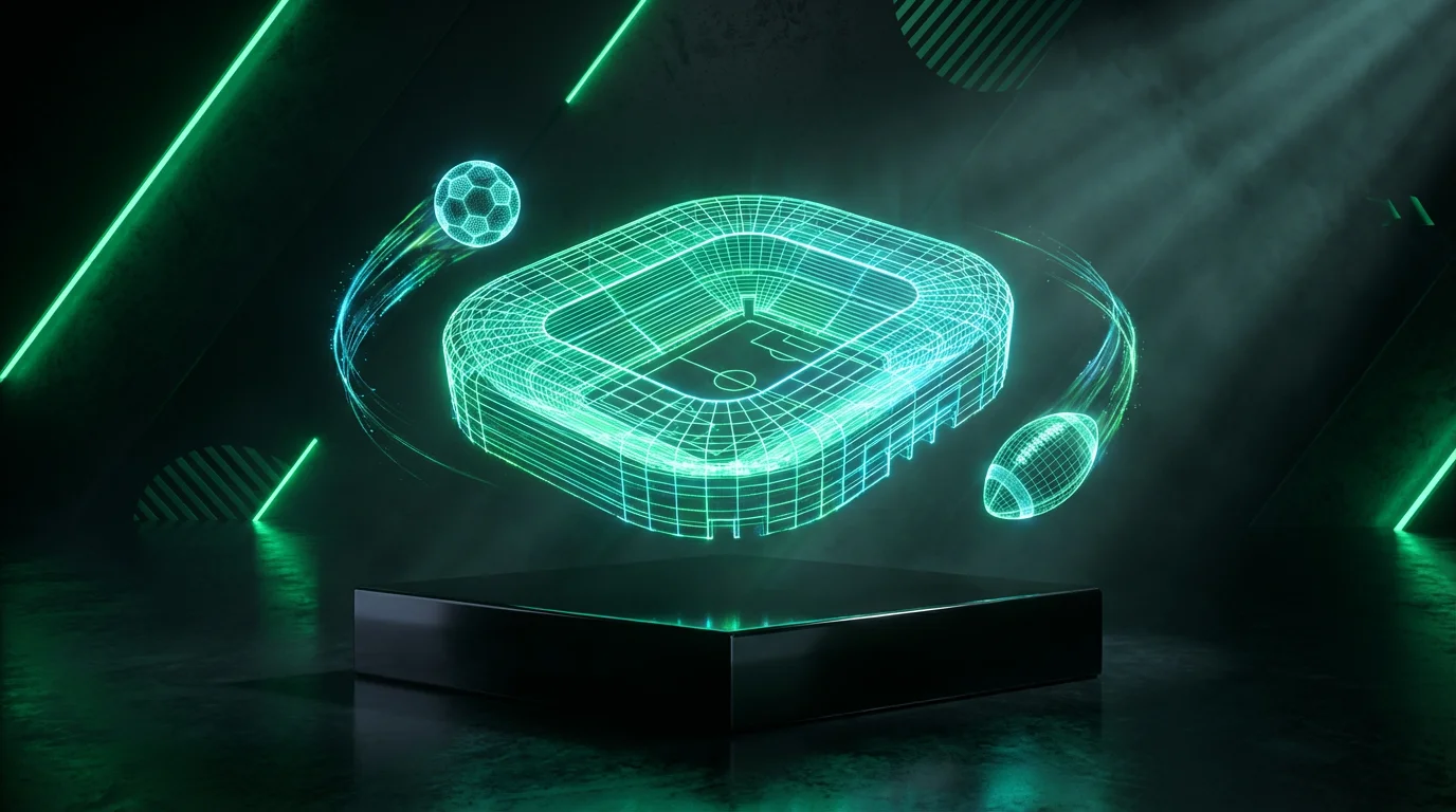 A glowing holographic sports stadium floating in a dark, high-tech digital environment.