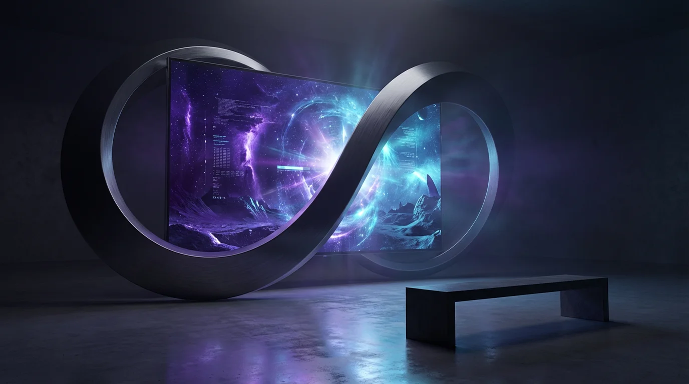 A glowing smart TV frame acting as a portal in a minimalist digital space.