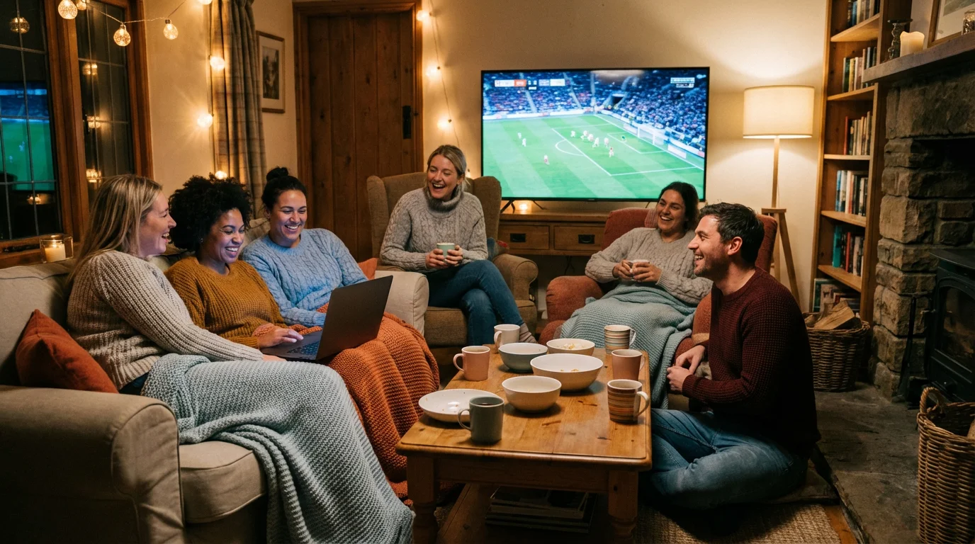 A group of friends laughing together while watching a screen in a dark room.