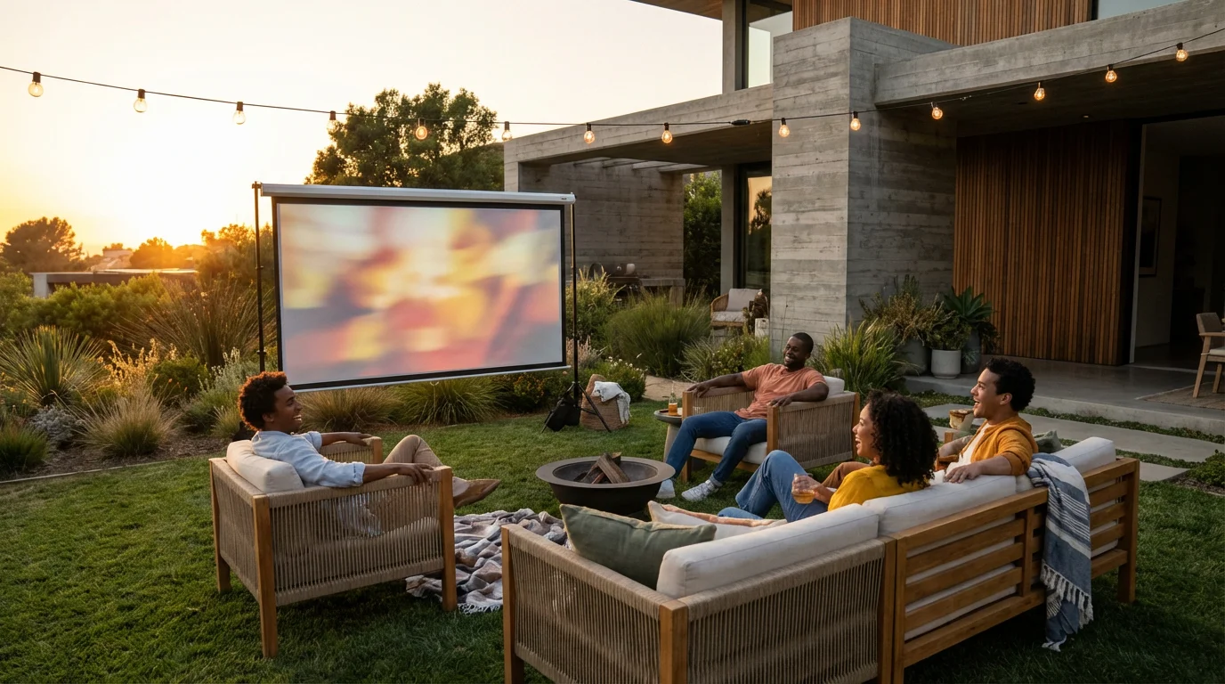 A group of friends laughing while watching a movie on a backyard projector screen.
