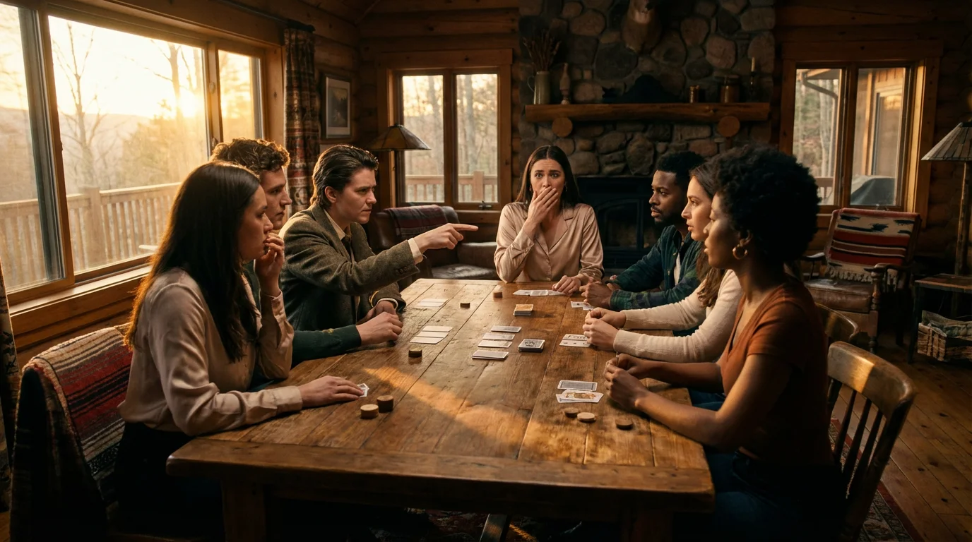 A group of stylish friends playing a dramatic strategy game in a cabin during golden hour.