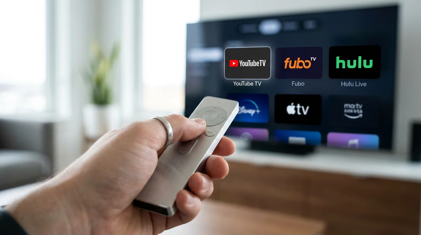 A hand holding a remote control in front of a smart TV showing various sports streaming apps.