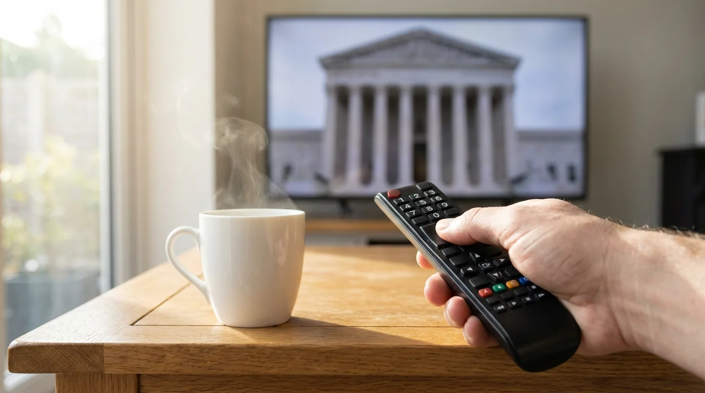 A hand holding a TV remote with number buttons on a coffee table.