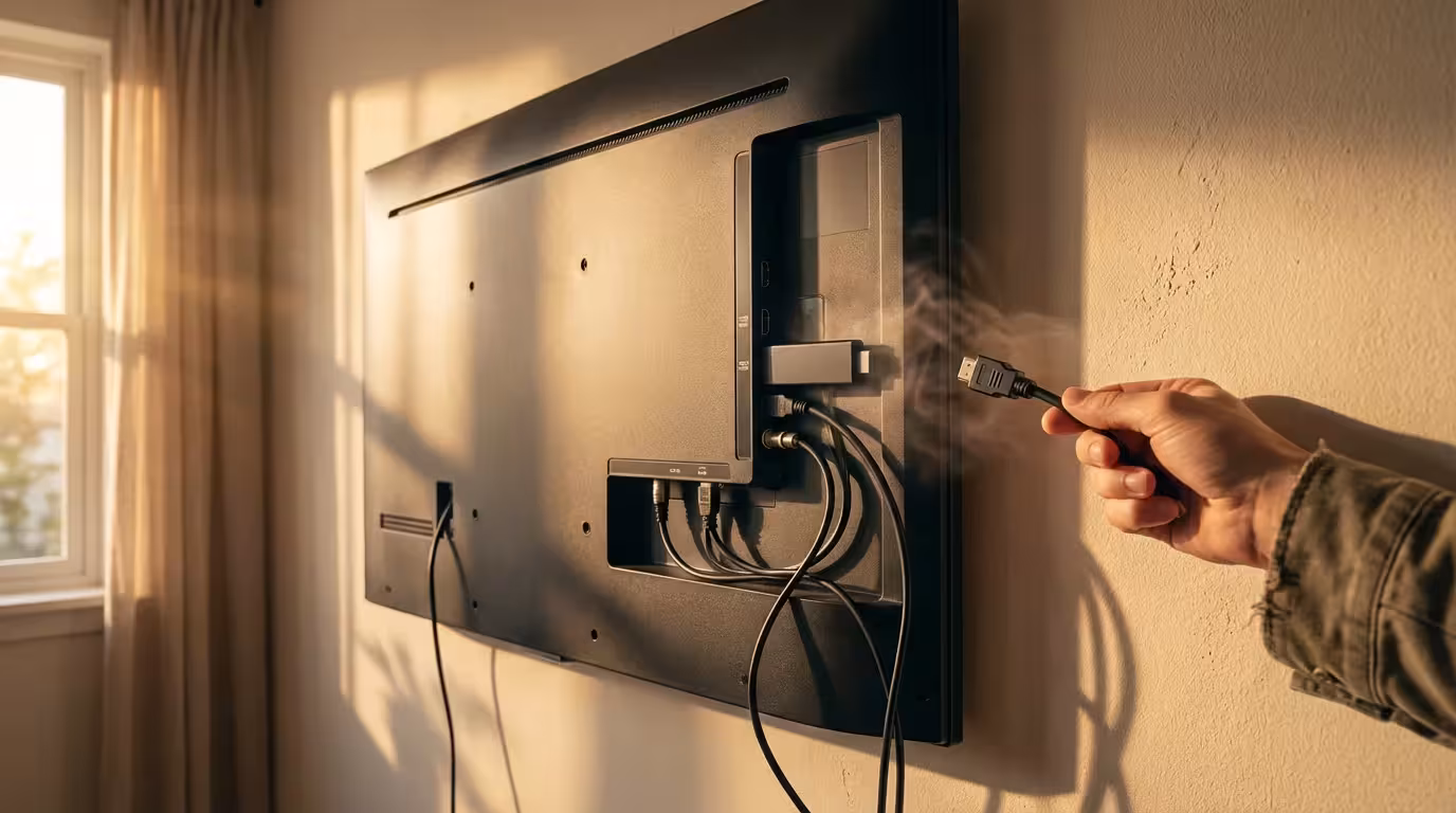 A hand holding an HDMI extender to move a hot streaming stick behind a TV.