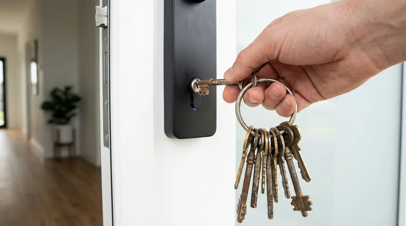 A hand holds a large bunch of old keys to a modern smart lock.