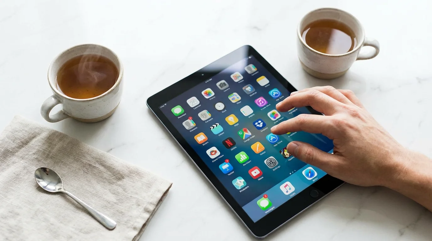 A hand scrolling through apps on a tablet next to a cup of tea.