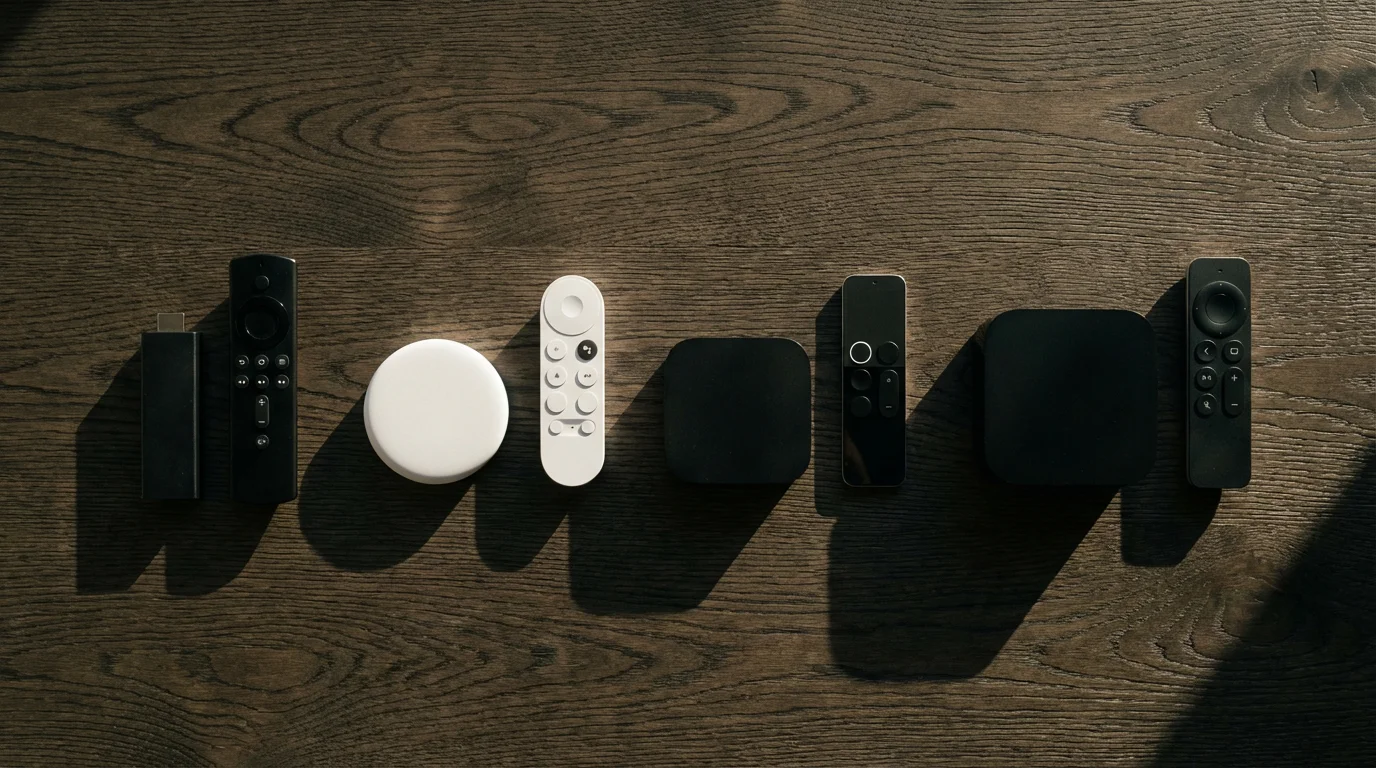 A high-angle flat lay of four generic streaming media devices and their remotes.