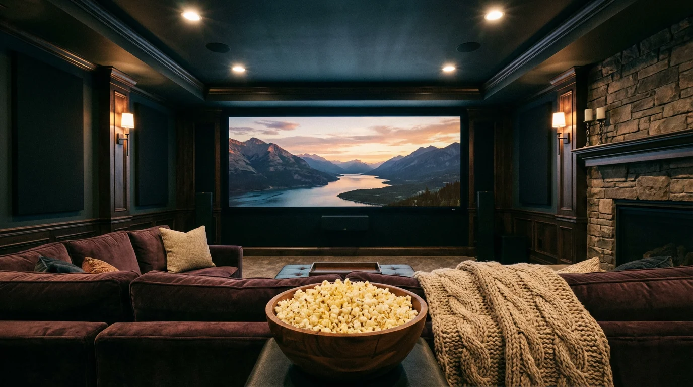 A home theater setup with a large screen, popcorn, and blankets for a movie night.