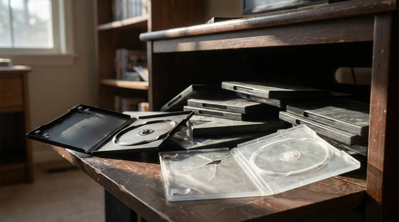 A jumbled pile of cracked and empty DVD cases on a dark shelf.
