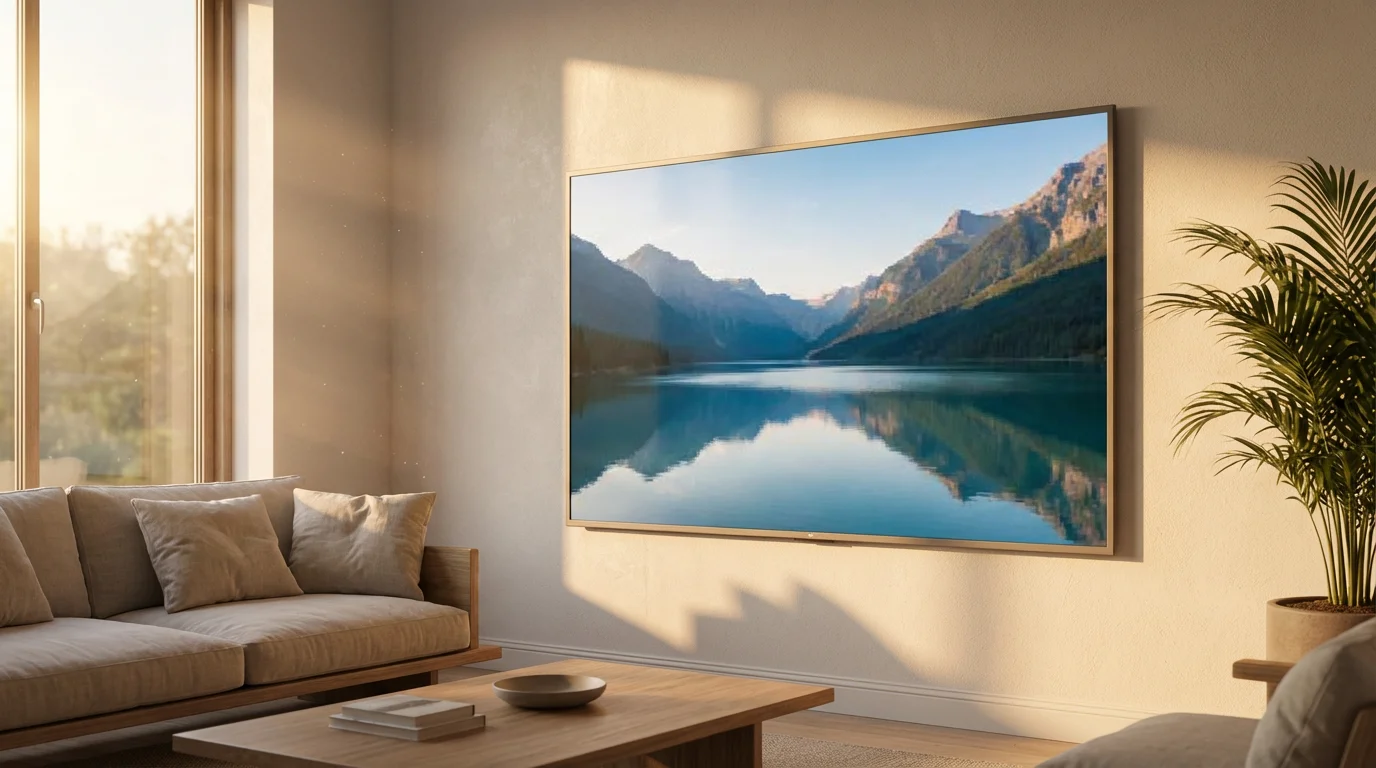 A large 4K TV in a sunlit living room displaying a blurry, pixelated image.