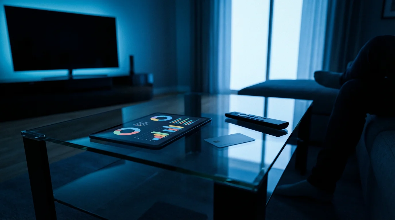 A low angle of a coffee table with a tablet, credit card, and remote.