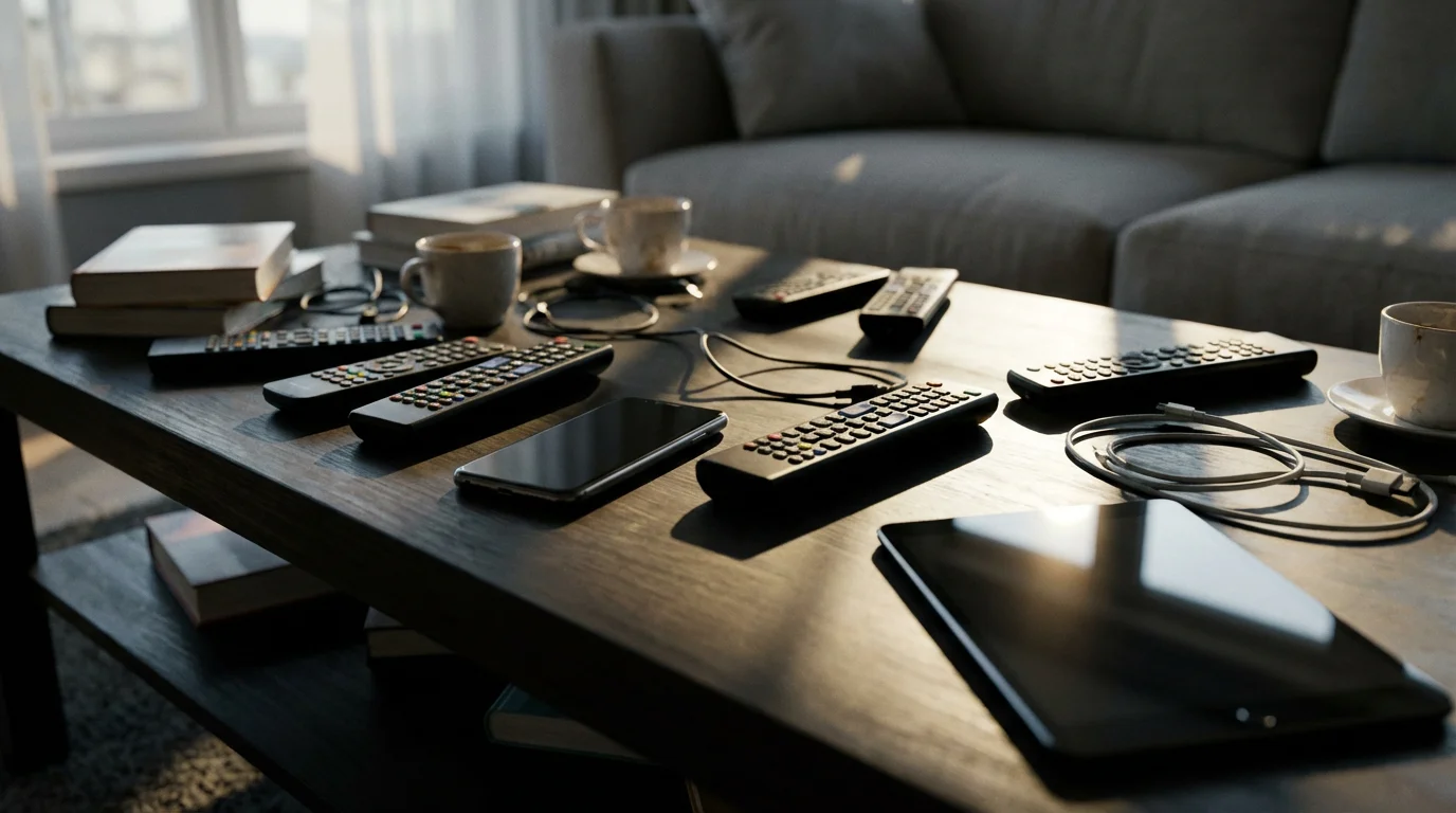 A low angle photo of remote controls and devices scattered on a coffee table.