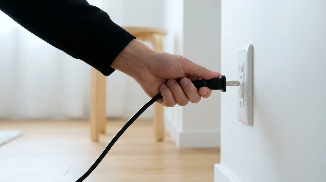 A low angle photograph of a hand unplugging a black power cord from a wall outlet.