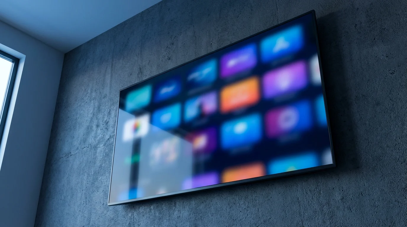 A low angle photograph of a large television showing a colorful, abstract streaming menu.