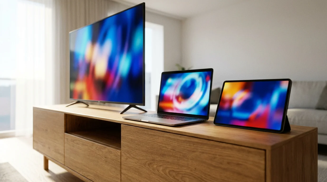 A low angle photograph of a TV, tablet, and laptop comparing different streaming options on a media console.