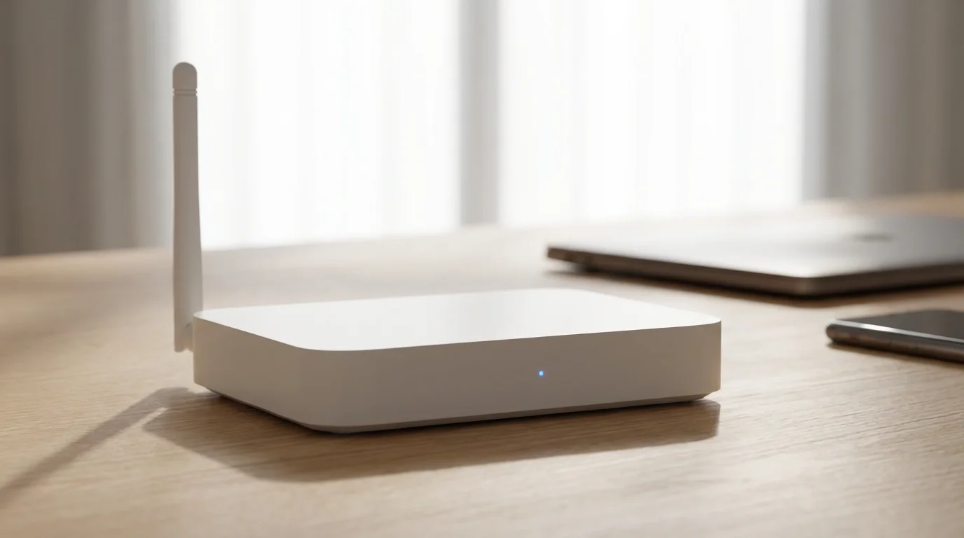 A low angle photorealistic shot of a modern white Wi-Fi router on a desk.