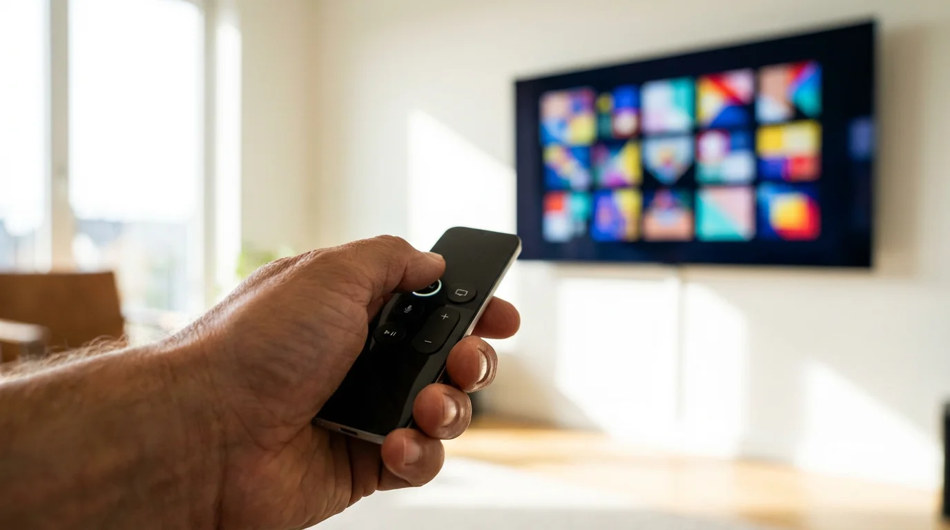 A low-angle shot of a hand holding a remote, pointing at a TV screen.