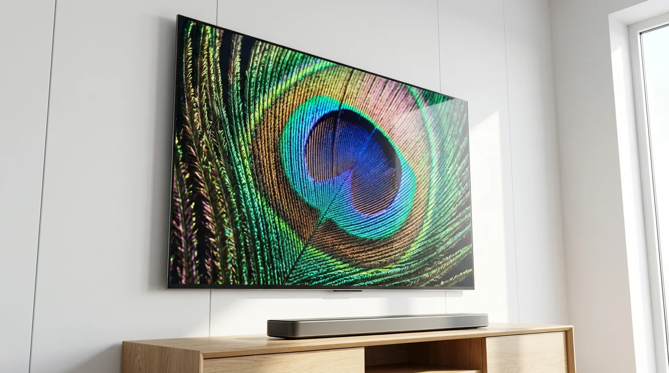 A low-angle shot of a modern 4K TV and soundbar displaying a vibrant, detailed HDR image.