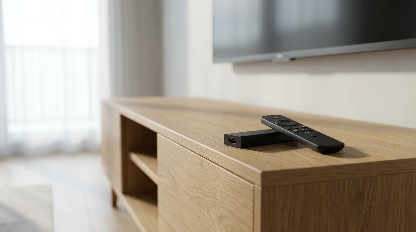 A low angle shot of a streaming stick and remote control on a media console.
