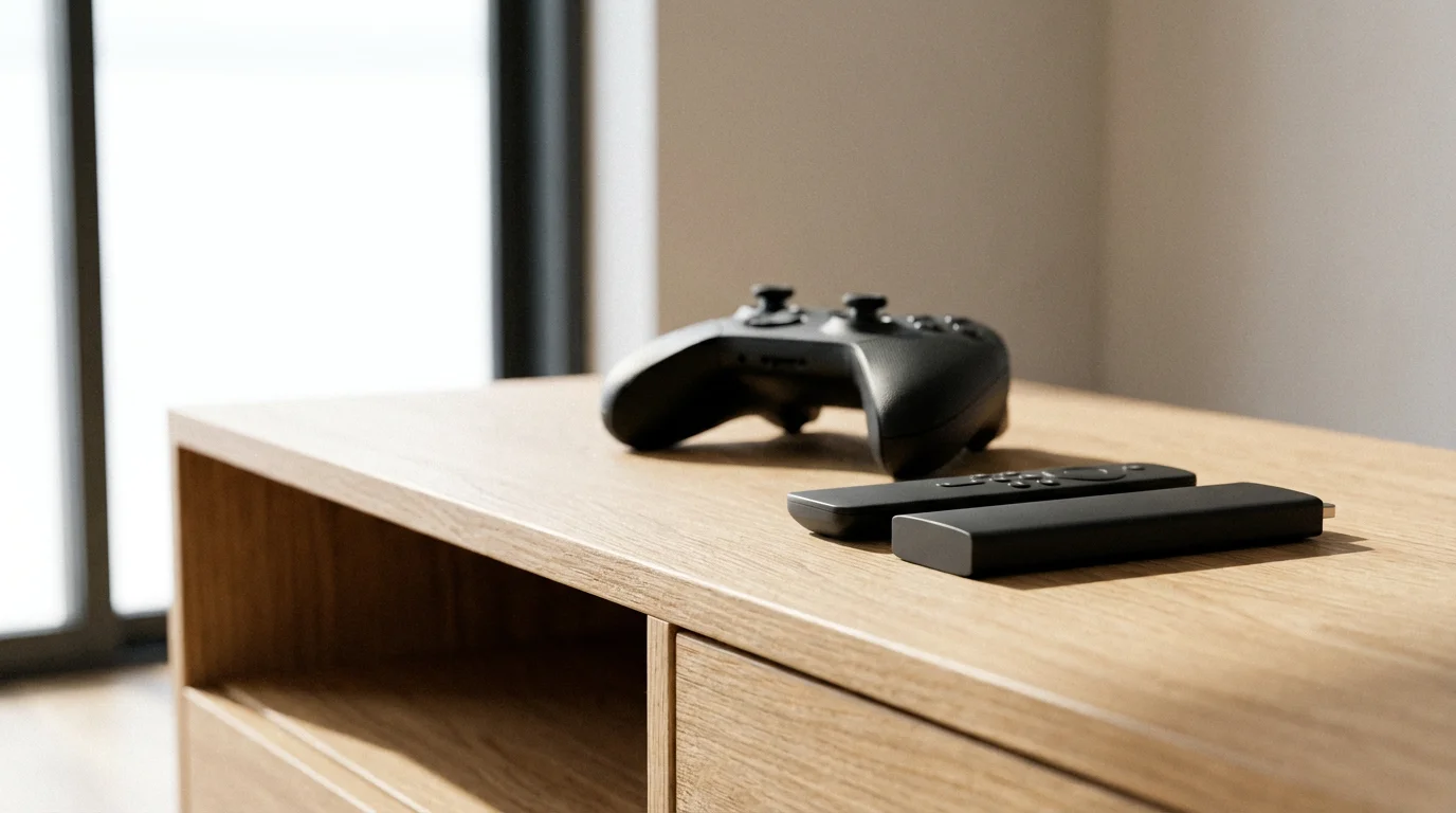 A low angle shot of a streaming stick, remote, and gaming controller.