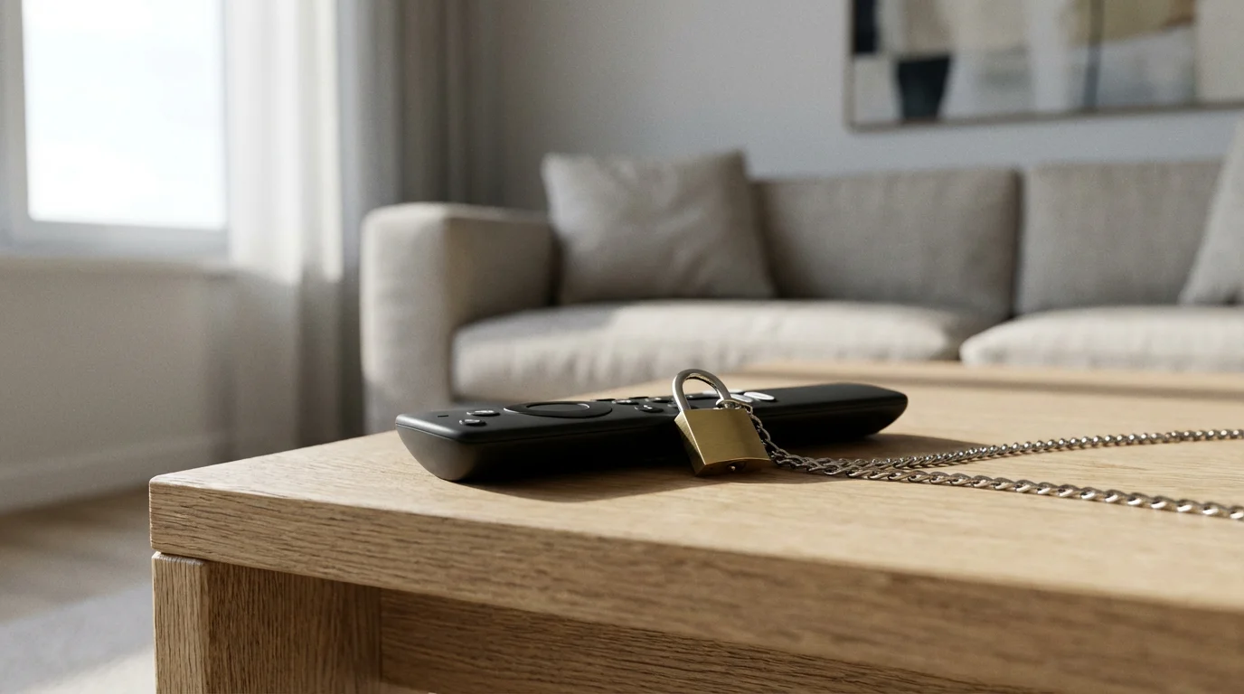A low angle shot of a TV remote with a small padlock attached on a table.