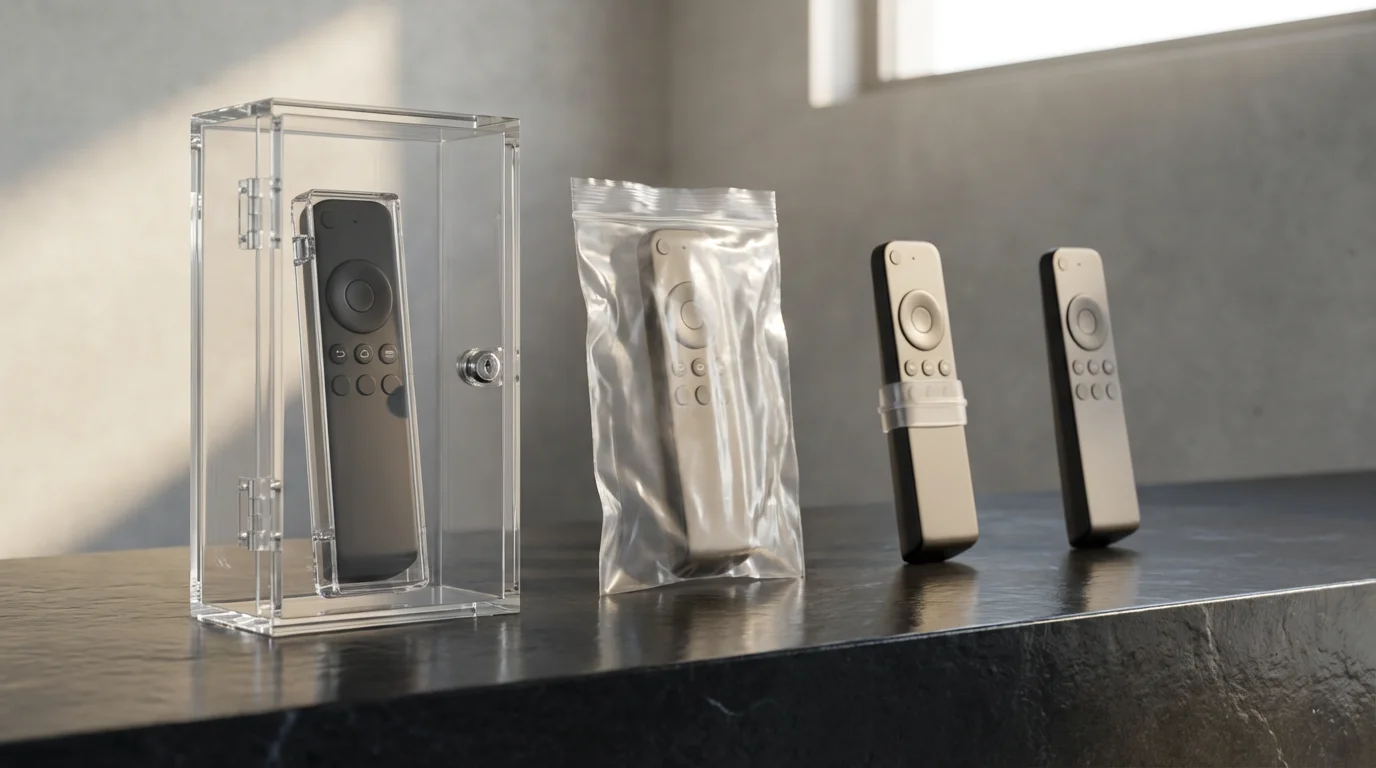 A low angle shot of several TV remotes with different levels of protective casing.