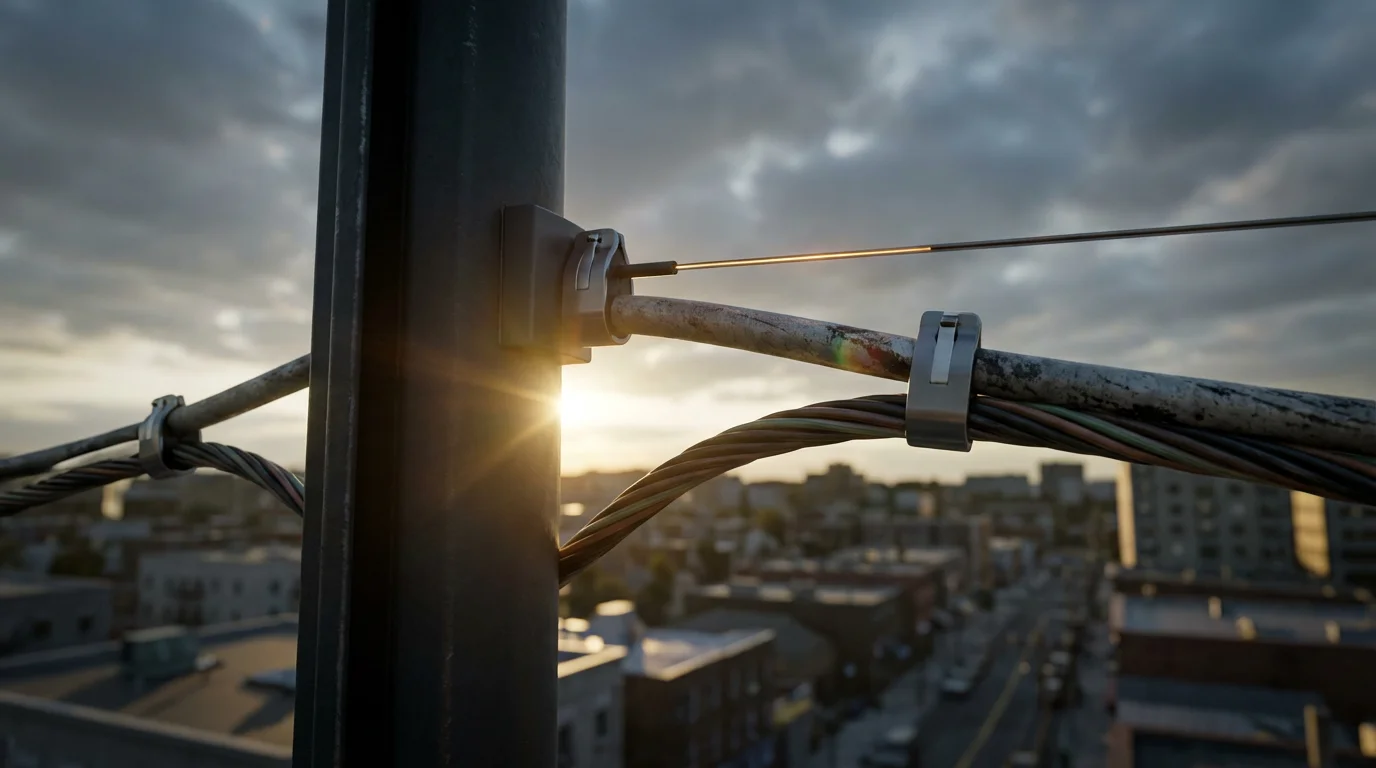 A low angle view of fiber optic, coaxial, and phone cables on a utility pole.
