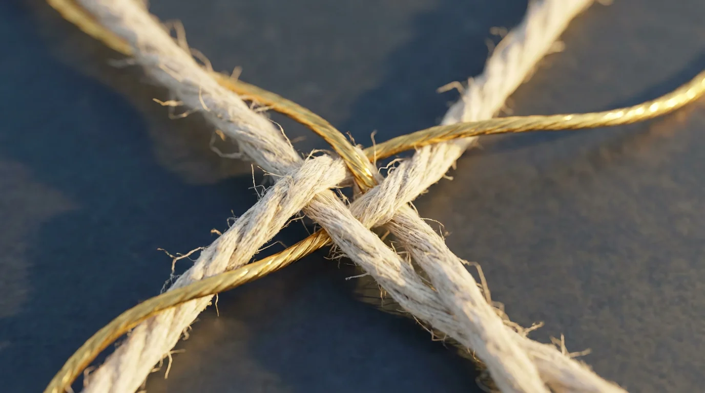 A macro photograph of a natural linen thread and a shiny gold thread weaving together.