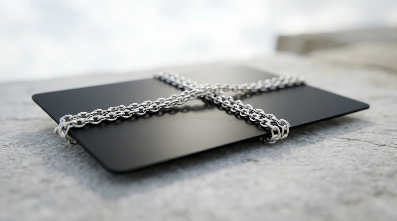 A macro photograph of a silver chain wrapped tightly around a blank credit card.