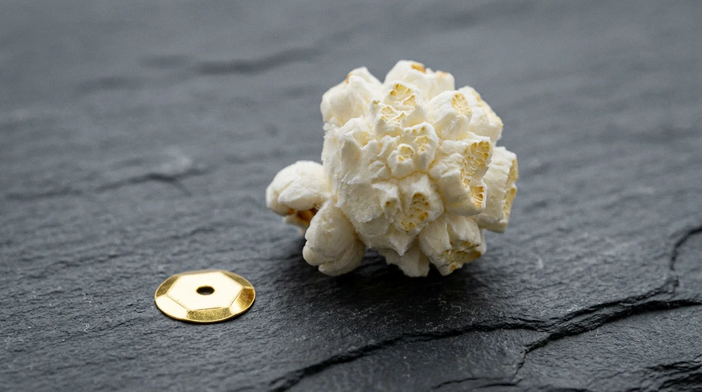 A macro photograph of a single popcorn kernel and a gold sequin on a slate surface.