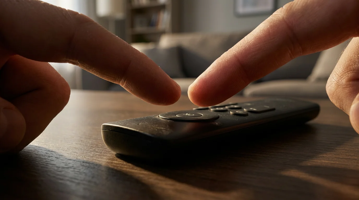 A macro photograph of a thumb hovering over the OK button on a remote.