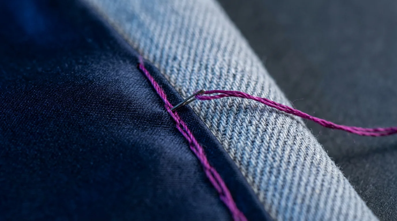 A macro photograph of dark silk and light denim being stitched together.
