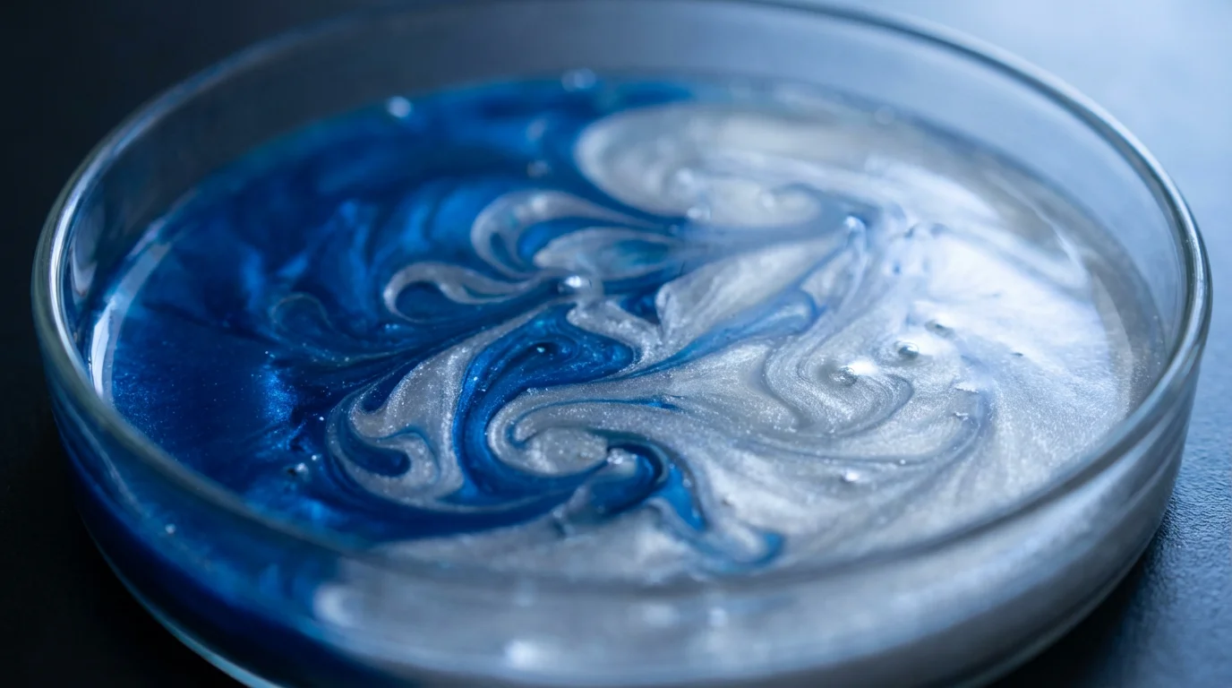 A macro photograph of two different colored liquids swirling and merging together.